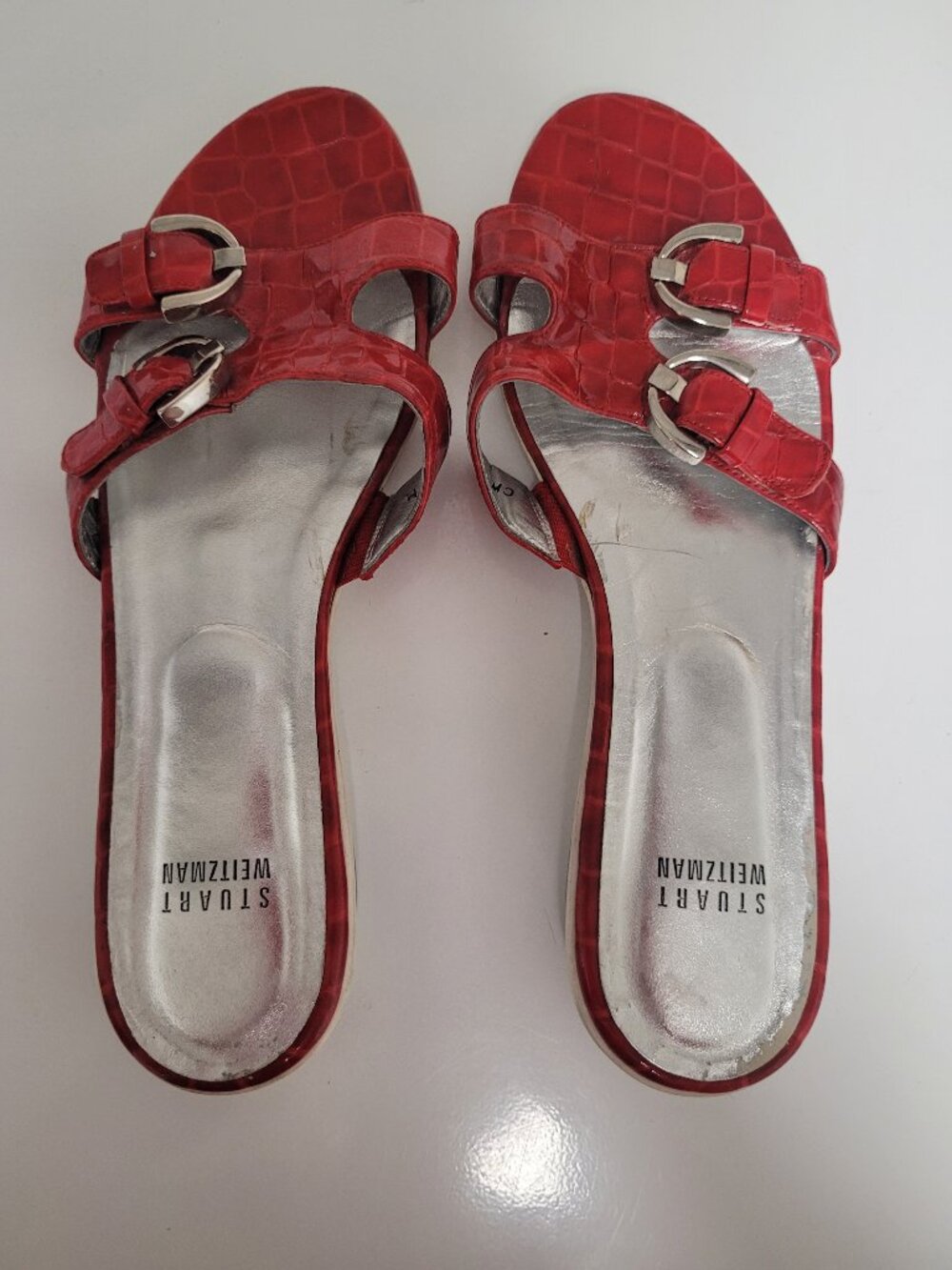 Stuart Weitman red croc-embossed leather slide sandals
